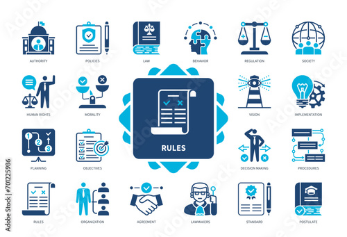 Rules icon set. Implementation, Authority, Procedures, Decision Making, Lawmakers, Agreement, Morality, Regulations. Duotone color solid icons