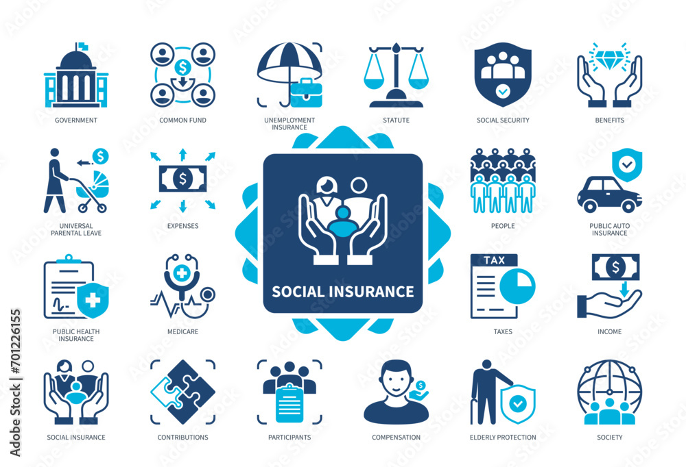 Social Insurance icon set. Government, Universal Parental Leave, Common Fund, Contributions, Social Security, Unemployment Insurance, Benefits, Compensation. Duotone color solid icons - obrazy, fototapety, plakaty 