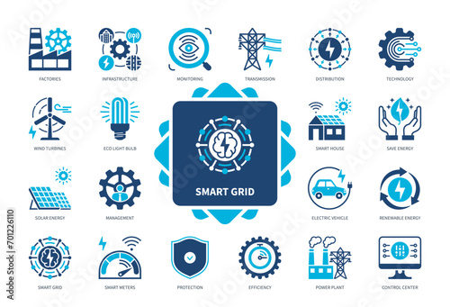 Smart Grid icon set. Factories, Distribution, Renewable Energy, Smart Meters, Power Plant, Eco Light Bulb, Protection, Infrastructure. Duotone color solid icons