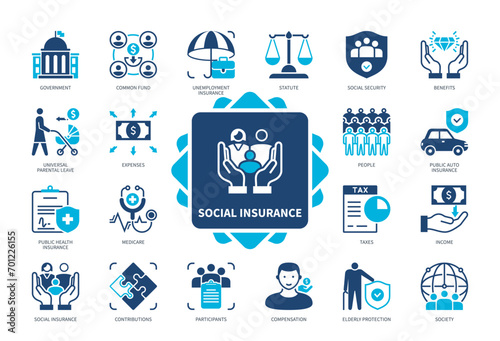 Social Insurance icon set. Government, Universal Parental Leave, Common Fund, Contributions, Social Security, Unemployment Insurance, Benefits, Compensation. Duotone color solid icons photo