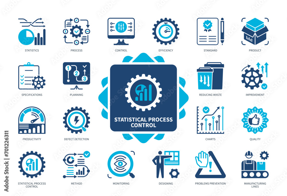 Statistical Process Control icon set. Manufacturing Lines, Quality Control, Standard, Monitoring, Defect Detection, Designing, Specifications, Problems Prevention. Duotone color solid icons - obrazy, fototapety, plakaty 