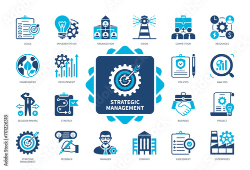 Strategic Management icon set. Goals, Planning, Decision Making, Analysis, Environment, Enterprise, Vision, Resources. Duotone color solid icons