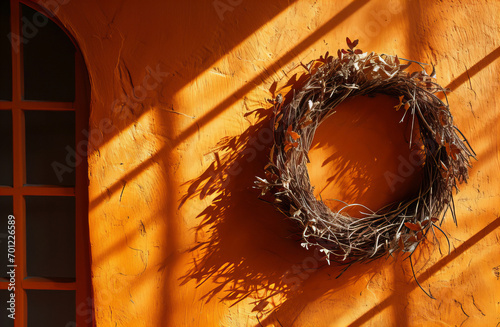 Wreath made of autumn leaves is placed in front of an orange wall, in the style of motion blur panorama, divinatory objects, talismans, and amulets, copy space. Autumn Wreath on door photo