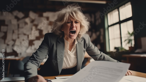 Angry business woman yelling at the office. Generated Ai
