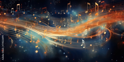 Abstract background image featuring music notes suspended in a cosmic expanse blur background.