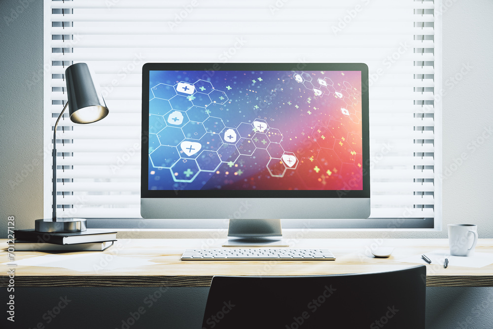 Creative abstract medical sketch on modern laptop monitor, Medicine and healthcare concept. 3D Rendering Creative abstract medical sketch on modern laptop monitor, Medicine and healthcare concept. 3D Rendering