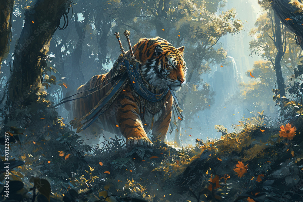 illustration of a forest guard tiger knight - obrazy, fototapety, plakaty 