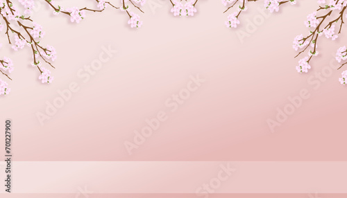 Spring background,Studio Room with 3D Podium Display with Cherry Blossoming on Pink Wall Background,Vector illustration backdrop Sakura flower frame border for Mother Day,Valentines,Easter Banner