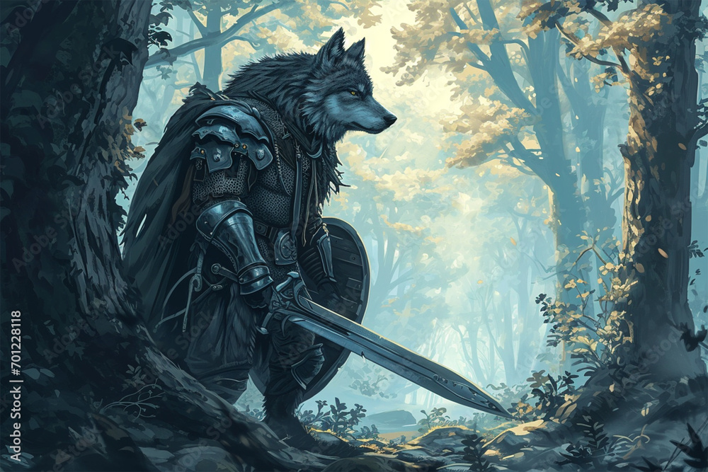 illustration of the forest wolf knight - obrazy, fototapety, plakaty 