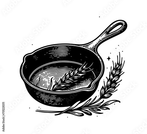 Cast iron skillet hand drawn vector graphic asset