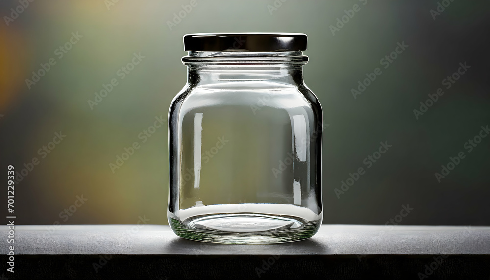 empty glass jar on table - obrazy, fototapety, plakaty 