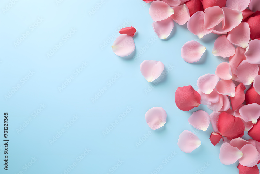 Top view of pink and red rose flower petals on pastel blue background with copy space