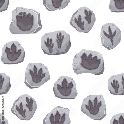 Dinosaur footprint fossils seamless pattern. Dino monsters foot prints vector background. Jurassic animals paw traces silhouettes in cartoon stones, tyrannosaurus, pterodactyl and allosaurus tracks