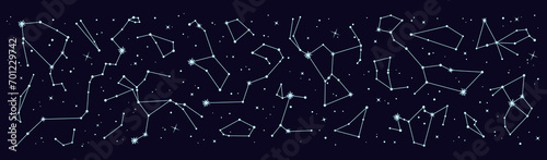 Star constellation border or backdrop. Night sky map pattern. Astronomy planetarium galaxy star constellation panorama or esoteric astrology zodiac celestial background, vector wallpaper or print