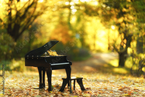 A piano standing on a path in the park in the autumn aura
