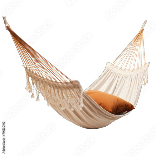white hammock with an intricate fringe design hanging in an indoor setting photo