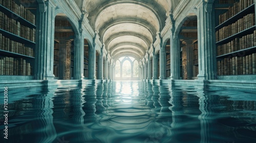A long hallway with bookshelves and a pool of water. Generative AI.