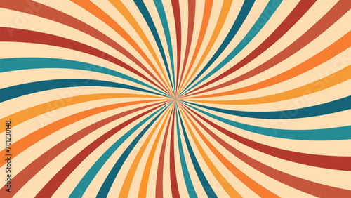 Vintage circus or carnival sunburst rays background. Vector backdrop with colorful muted curve radiating stripes creating hypnotic effect. Retro sunbeam burst, evoking sense of whimsy and nostalgia © Buch&Bee