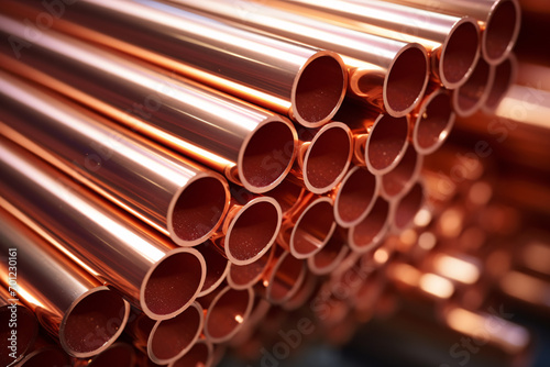 Close up of copper pipes in warehouse.