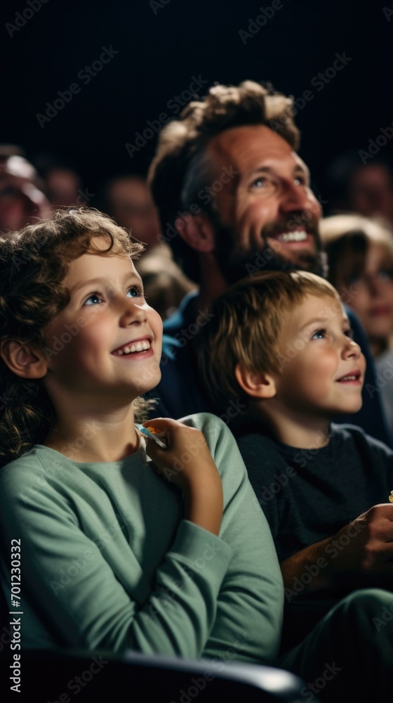 Fototapeta premium A father and his two children captivated by a movie, sharing snacks and experiencing wonder together. Generative AI.