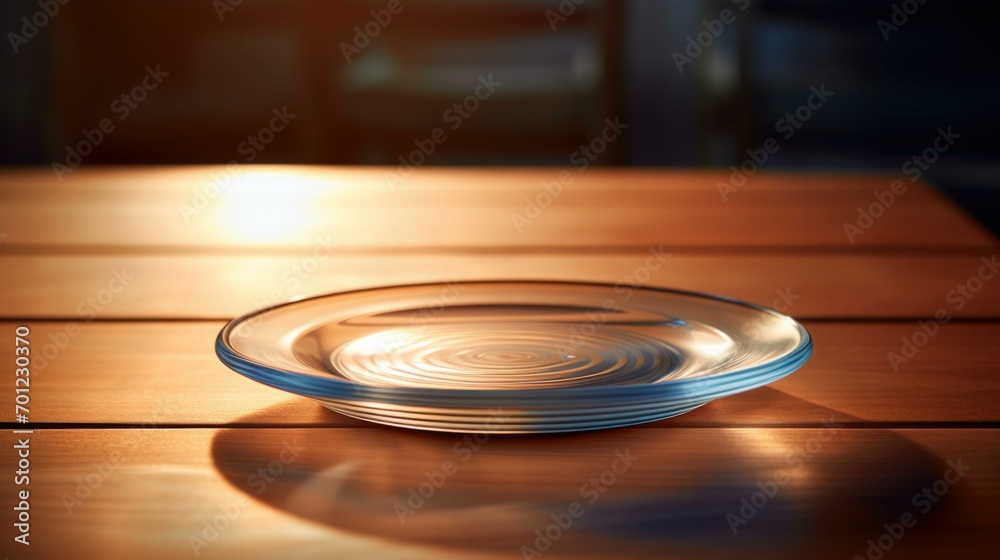 A clear glass plate on a wooden table, capturing the beauty of simplicity and reflection. Generative AI. A clear glass plate on a wooden table, capturing the beauty of simplicity and reflection. Generative AI.