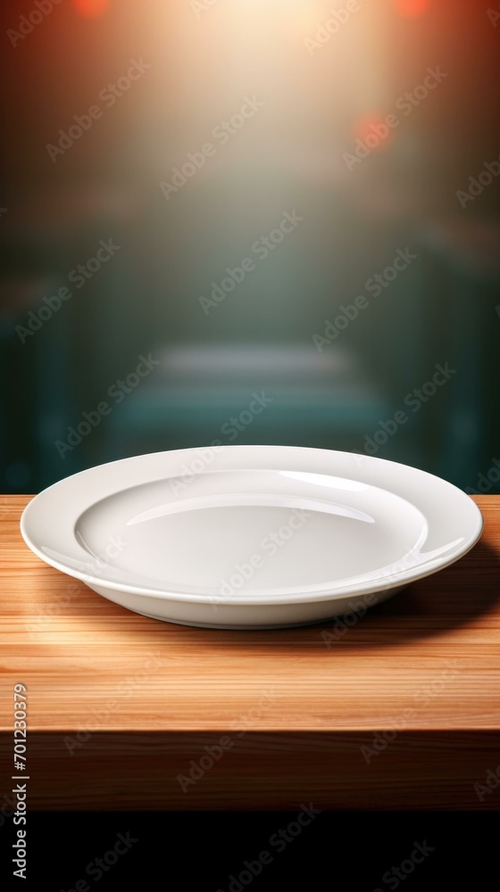Empty plate on wooden table with blurred background. Generative AI.