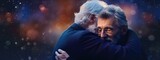 Two older men embracing each other in a heartfelt hug. Generative AI.