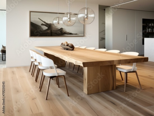 A modern dining room with wooden floors and white chairs. Generative AI.