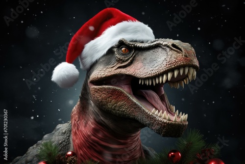 A T-Rex wearing a Santa hat and Christmas decorations. Generative AI. © Natalia