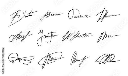 Autograph or signature pack. Isolated vector set of the unique, personal marks representing identity or approval, serve as distinctive symbols, embodying personality and validating document or artwork