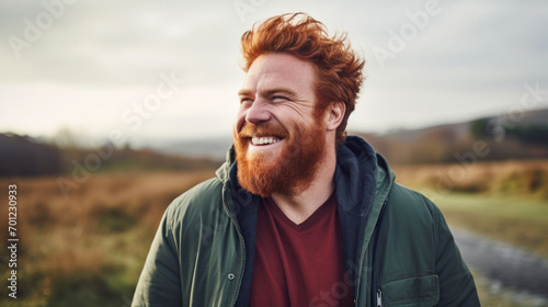 closeup portrait red haired man with beard in park outdoor. pensive attractive redhead ginger guy with on natural background