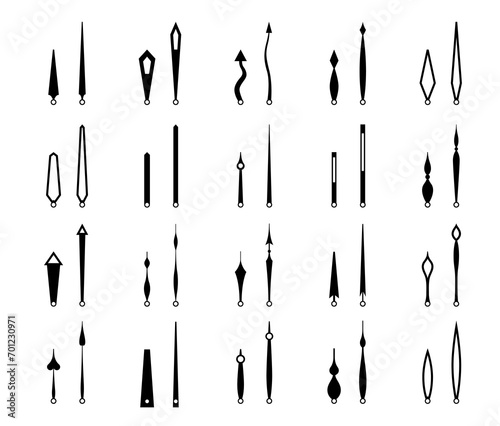 Clock hands, isolated watch arrows and time pointers. Monochrome vector icons set of black watch arrows. Hour and minute hand pairs, essential components of analog clocks in various shapes and sizes photo
