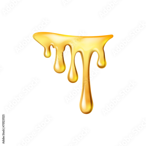 Dripping sweet yellow honey, isolated melting maple syrup. Vector golden organic sticky oil or juice liquid with drops. Flowing droplets of nectar