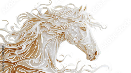 A graceful paper-cut horse, its mane flowing in meticulously crafted details, isolated on a solid white background