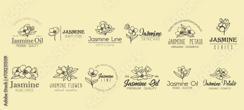 Jasmine flower minimal emblem, natural skin care cosmetics and oil. Vector set of minimalist labels with blossoms, encapsulating purity and nature, symbolizing nature, simple elegance, true beauty