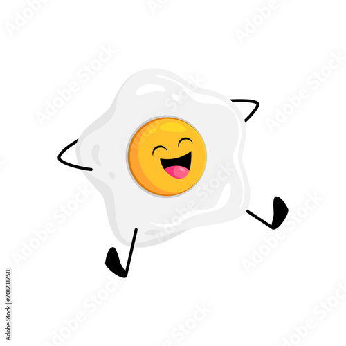 Cartoon cheerful fried egg breakfast character. Isolated vector scrambled egg, sunny-side-up personage with a beaming smile, relax and spreading morning joy with a side of whimsical breakfast delight