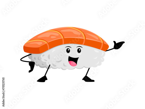 Cartoon cheerful sushi funny takeaway fast food character with a smiling face, rice body, and fish topping, radiating a delightful and appetizing charm. Isolated vector cute asian menu meal personage