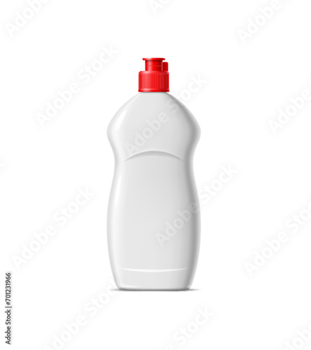 Realistic cleanser, liquid soap bottle and detergent container package mockup. Isolated 3d vector white plastic pack for product presentation and marketing showcasing red cap and blank place for label