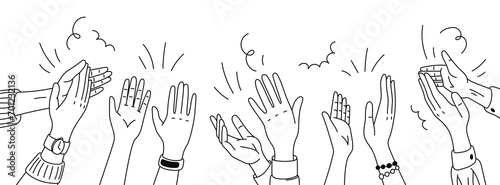 Monochrome doodle applause hands silhouettes, isolated vector linear raised clapping arms in joyous applauding, symbol of appreciation and celebration. An expression of approval and support photo