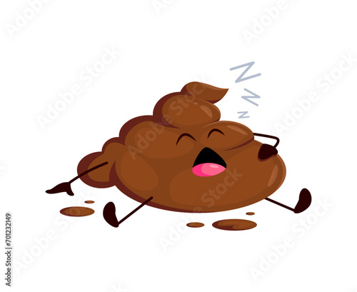 Funny poo excrement, cartoon poop emoji sleeping or nap snoozing, vector character. Toilet shit emoticon or comic emoji smile of poop tired and sleeping with Zzz snooze for chat poo emoji