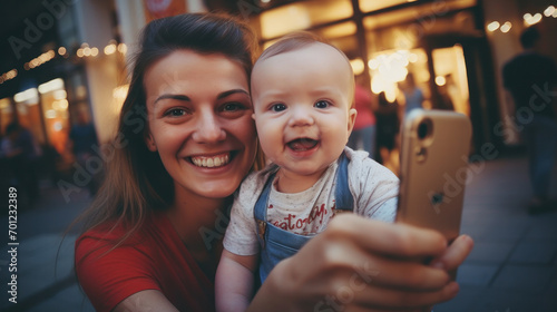 Pretty young mother and her cute daughter having fun and take selfies. Little girl surprised looking in phone and smile on the sunny city background. Stylish family, true emotion, good moon.