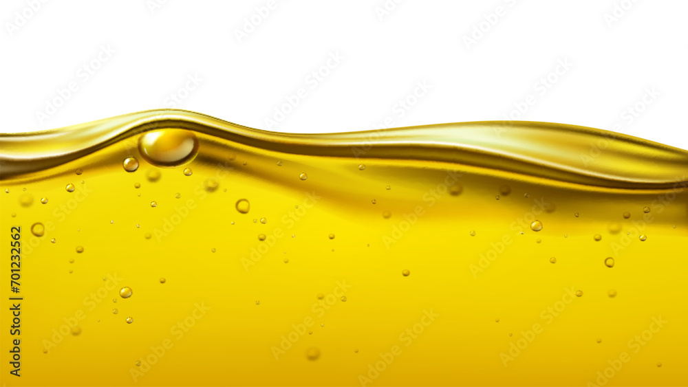 Liquid vegetable oil wave background. Yellow oil engine with drops, Realistic 3d vector cross section of vibrant, organic golden colored oily substance, honey, syrup, gasoline with bubbles or dribs - obrazy, fototapety, plakaty 
