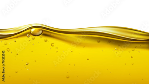 Liquid vegetable oil wave background. Yellow oil engine with drops, Realistic 3d vector cross section of vibrant, organic golden colored oily substance, honey, syrup, gasoline with bubbles or dribs