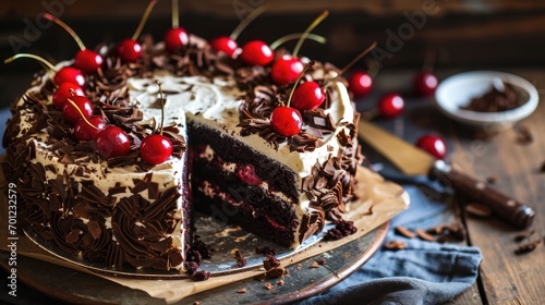 Exquisite Black Forest Cake Embellished with Glossy Cherries and Chocolate Curls