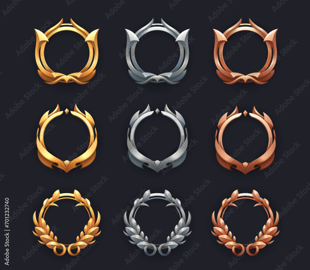 Golden, silver and bronze metal game level rank frames. Vector set of ui round borders for avatars with ornate rims and laurel wreaths. Isolated gui elements for medieval rpg, mmo or app interface Golden, silver and bronze metal game level rank frames. Vector set of ui round borders for avatars with ornate rims and laurel wreaths. Isolated gui elements for medieval rpg, mmo or app interface