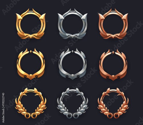 Golden, silver and bronze metal game level rank frames. Vector set of ui round borders for avatars with ornate rims and laurel wreaths. Isolated gui elements for medieval rpg, mmo or app interface