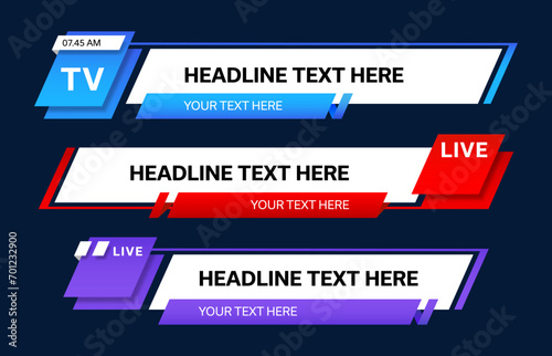 Color world news bar lower third tv header, headlines display essential information on television broadcasts. Vector video titles, blue, red and purple overlay. Isolated strips, layout with text