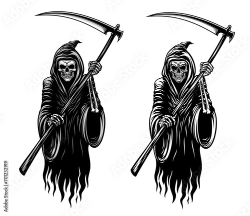 Grim reaper skeleton with scythe. Isolated vector chilling monochrome death, draped in tattered black hooded robe, clutches a menacing scythe with sharp blade, embodying the eerie essence of Halloween