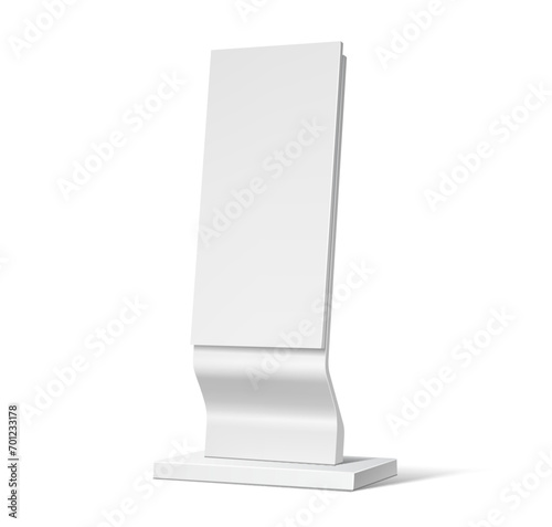 Advertising stand display mockup, white vertical billboard or ad lightbox, isolated vector. Information board display, blank 3D object of POS panel or retail advertising screen display mock up