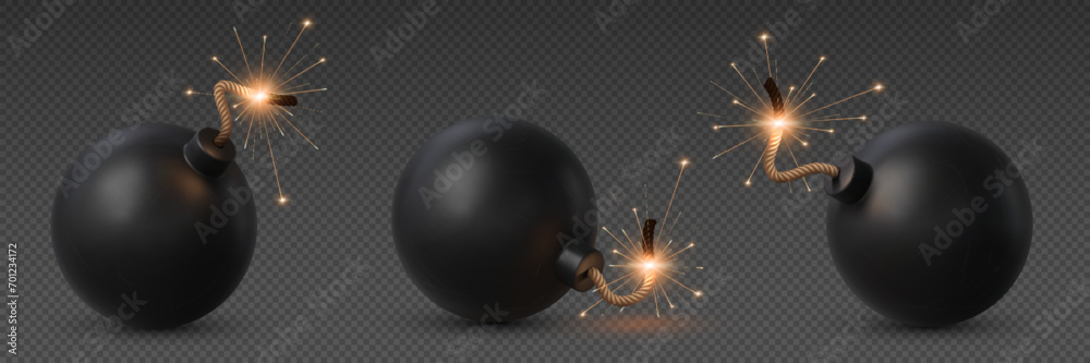 Realistic bomb with burning fuse. Isolated 3d vector explosive military tnt weapon, volatile device that poses imminent danger, set to detonate upon reaching the wick end, causing destruction or harm - obrazy, fototapety, plakaty 
